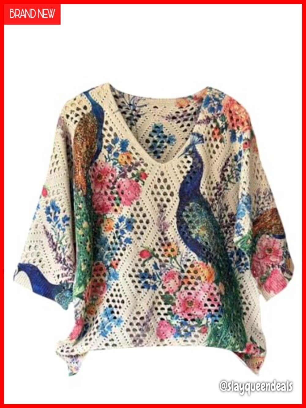 Crochet Beach Summer Sweater 3/4 Sleeve Boho Pullover Top